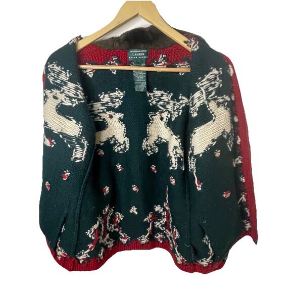 VTG Ralph Lauren Handknit Reindeer Wool Sweater Cardigan Faux Fur Holiday Sz S/M - Picture 7 of 16